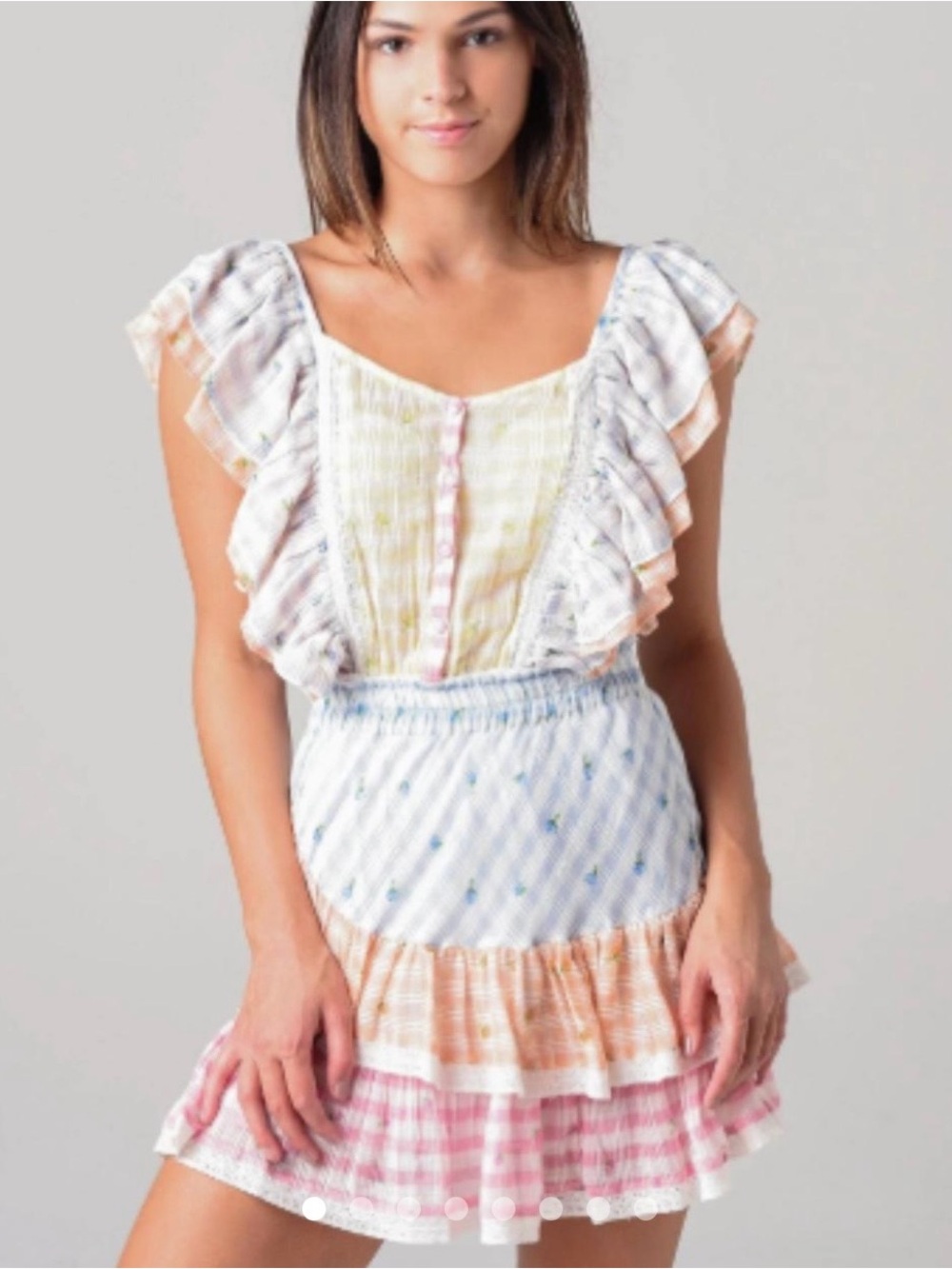 LoveShackFancy Pastel Ruffled Mini Dress in Pink, Blue & Cream